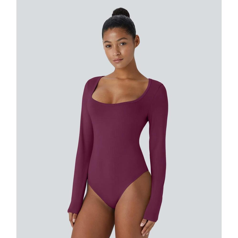 NWT Halara U Neck Long Sleeve Snap Button Skinny Work Bodysuit Red Violet, Large